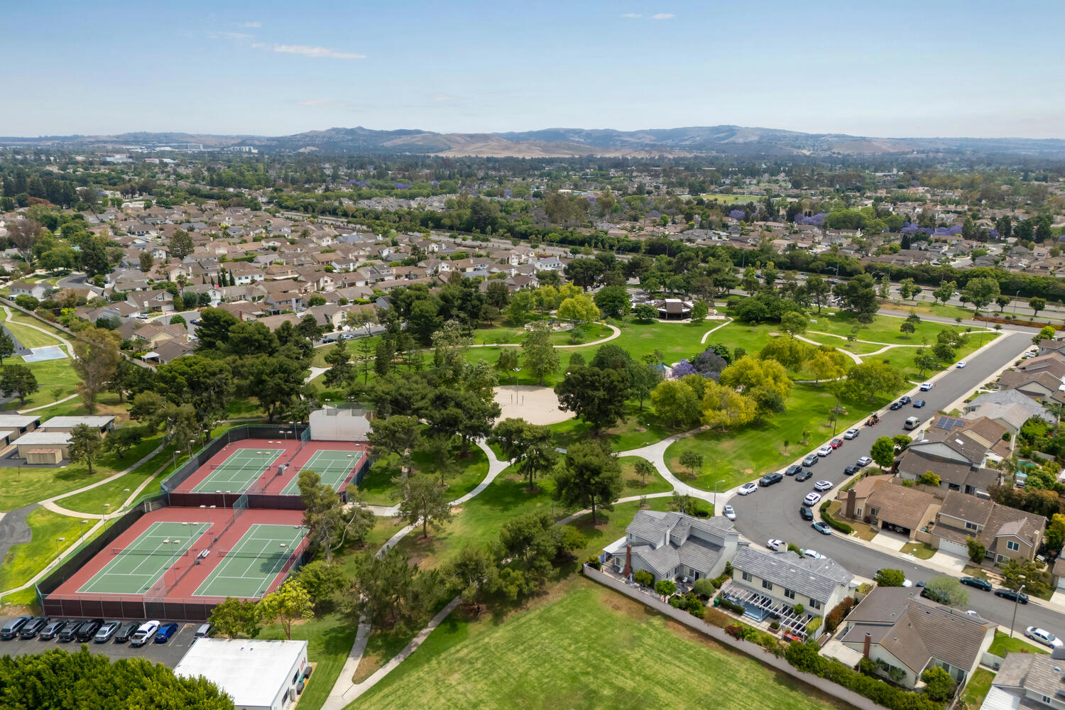 Aerial view of Deerfield's park, greenbelts and surrounding homes