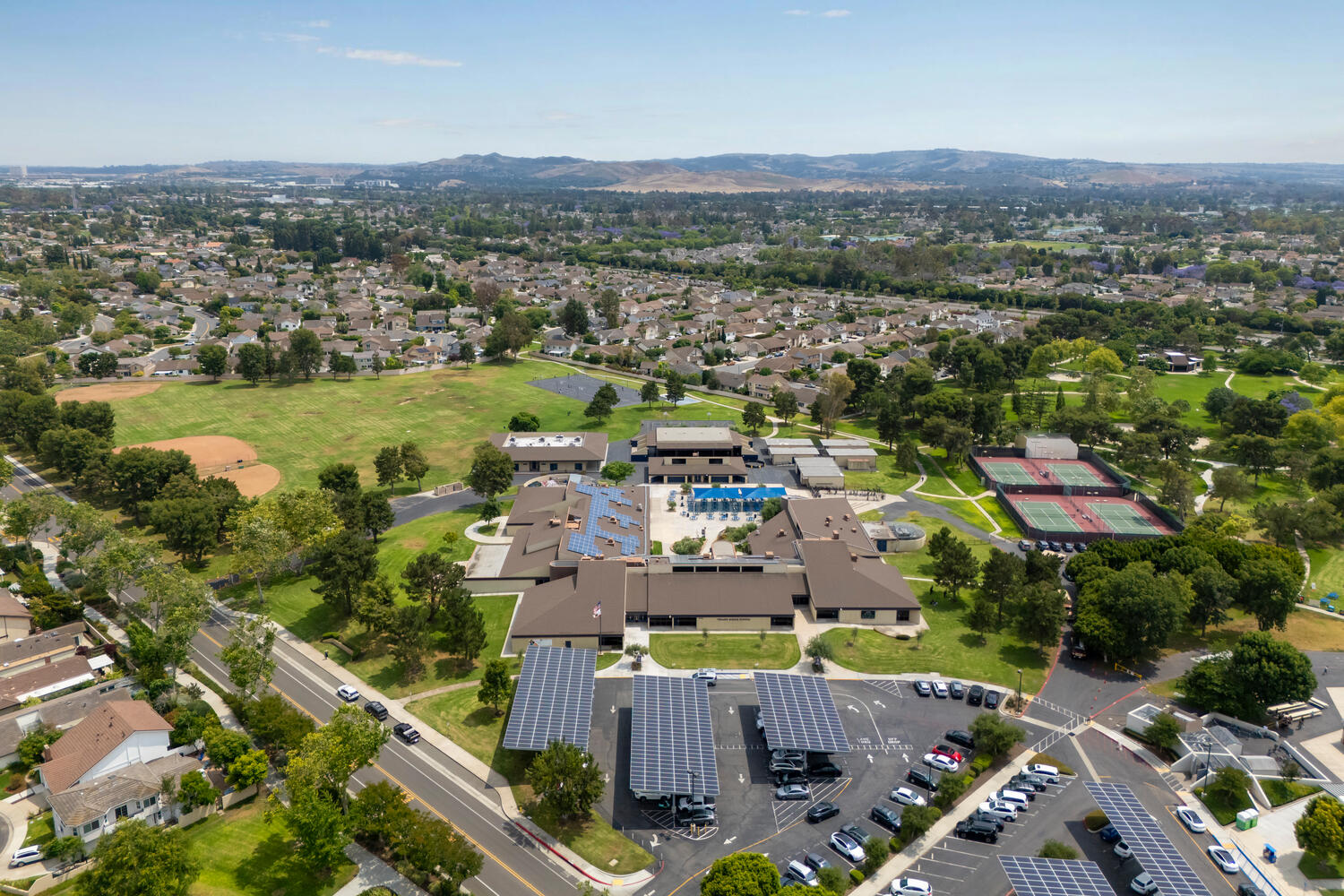 Aerial view of Deerfield schools, park, pools and tennis courts